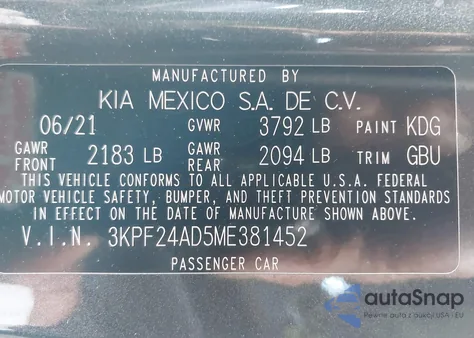2021 Kia Forte Lxs from USA, damaged, VIN 3KPF24AD5ME381452